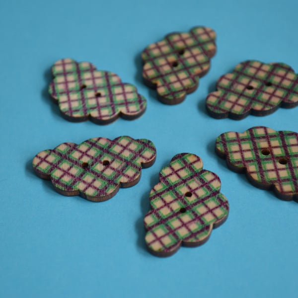 Wooden Cloud Buttons Green Purple Check 6pk 30x20mm (CD9)