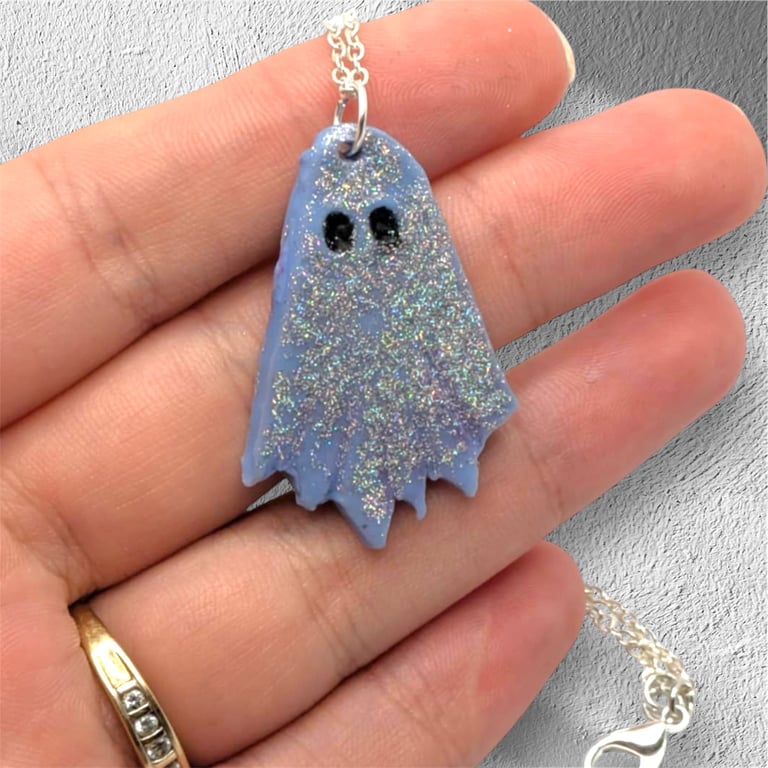 Cute Handmade Blue Ghost Necklace, Polymer Clay Glitter Pendant, Halloween Gift