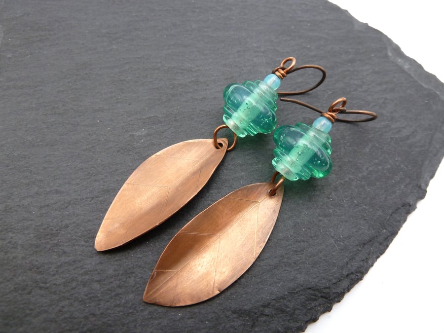 copper leaf earrings, green lampwork glass jewellery