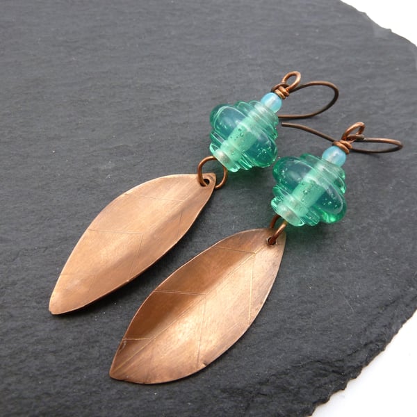 copper leaf earrings, green lampwork glass jewellery