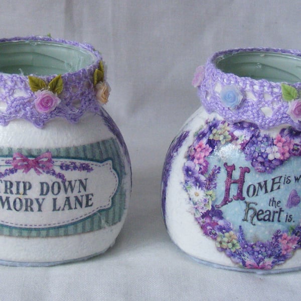 Set of 2 small floral glass posy vases
