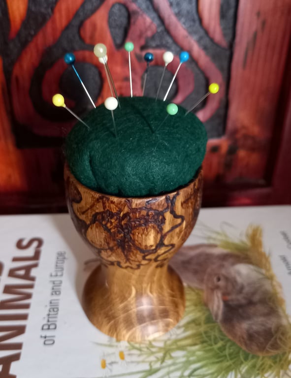 Upcycled pyrography oak leaf and acorn wooden egg cup pin cushion