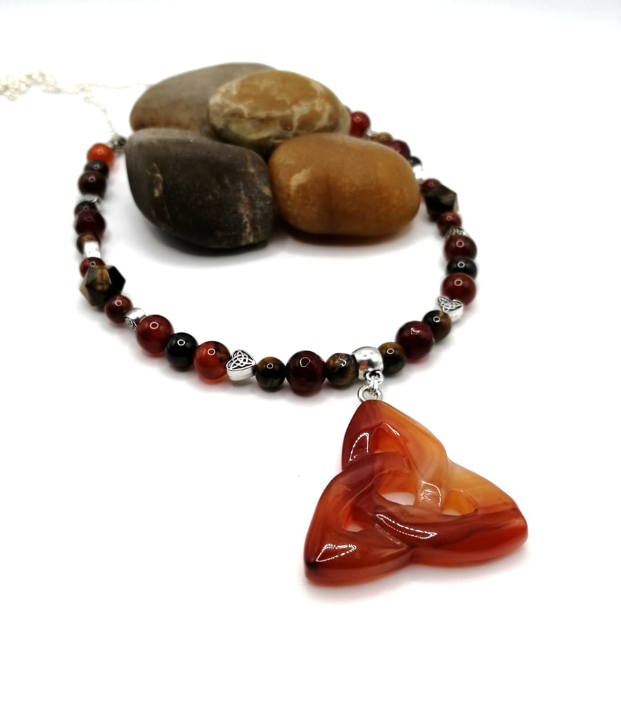 Carnelian Triquetra Necklace with Gemstone Beads