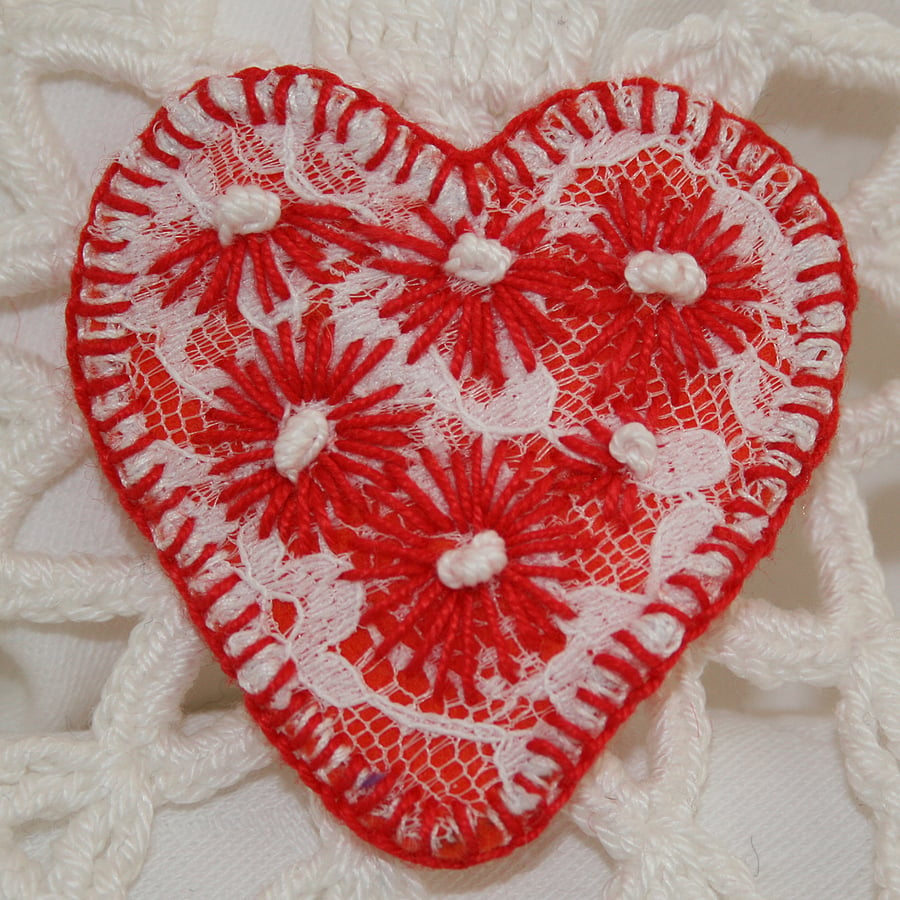 Embroidered Heart Brooch - Red Daisies on lace