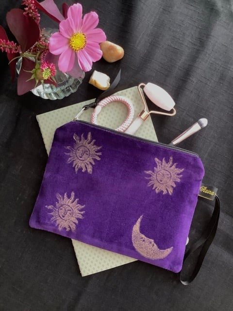 Purple Sun and Moon velvet zip-up pouch