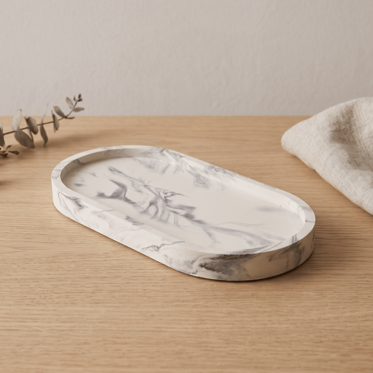 White and Grey Marbled Oval Jewellery Tray, Decorative Catchall Dish
