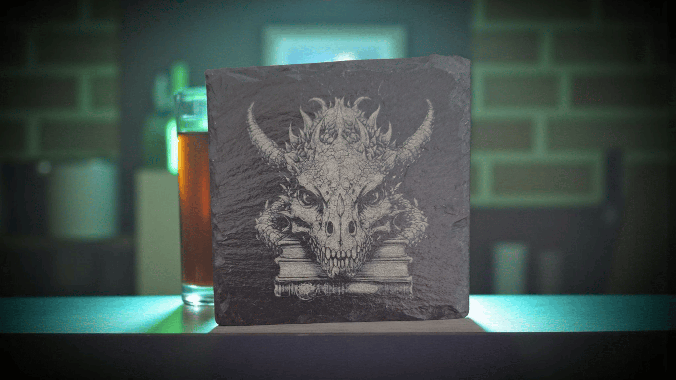 Dragon and Books Etched Slate Coaster – Mystical Fantasy Homeware 