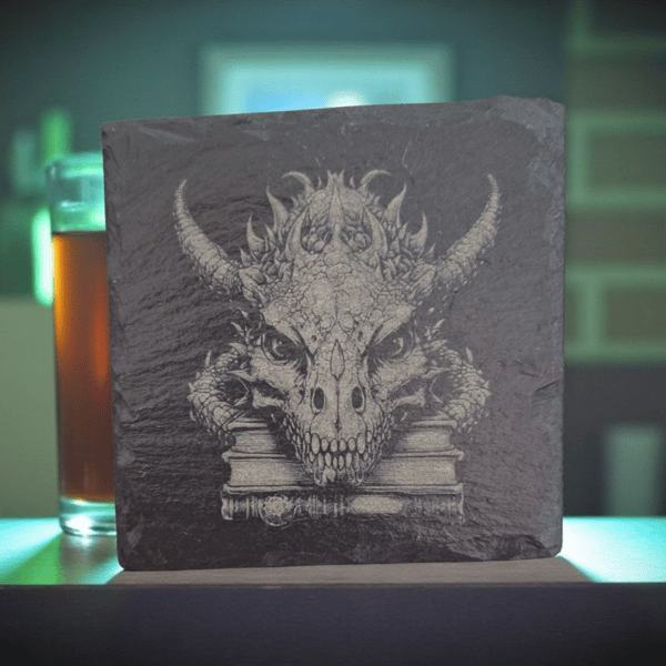 Dragon and Books Etched Slate Coaster – Mystical Fantasy Homeware 