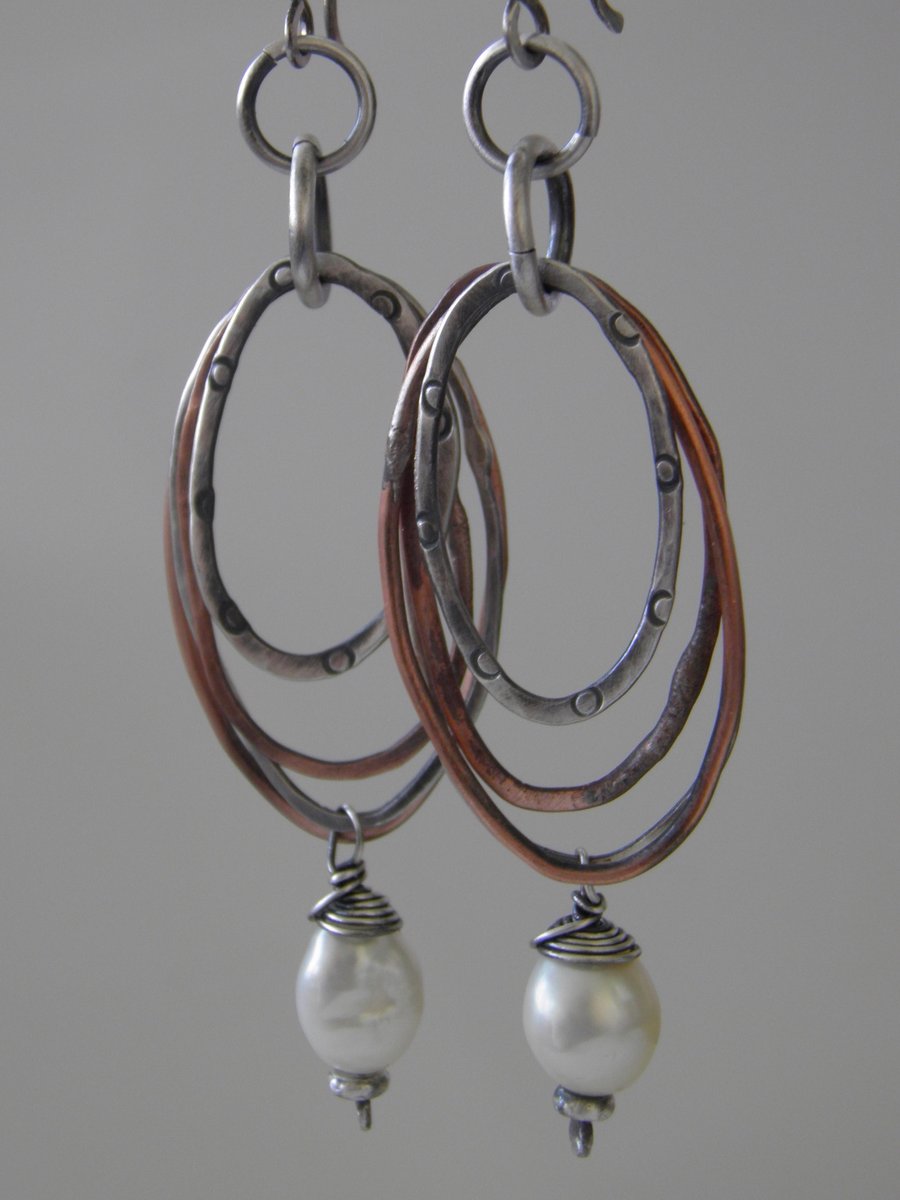 Silver Pearl Earrings with Copper
