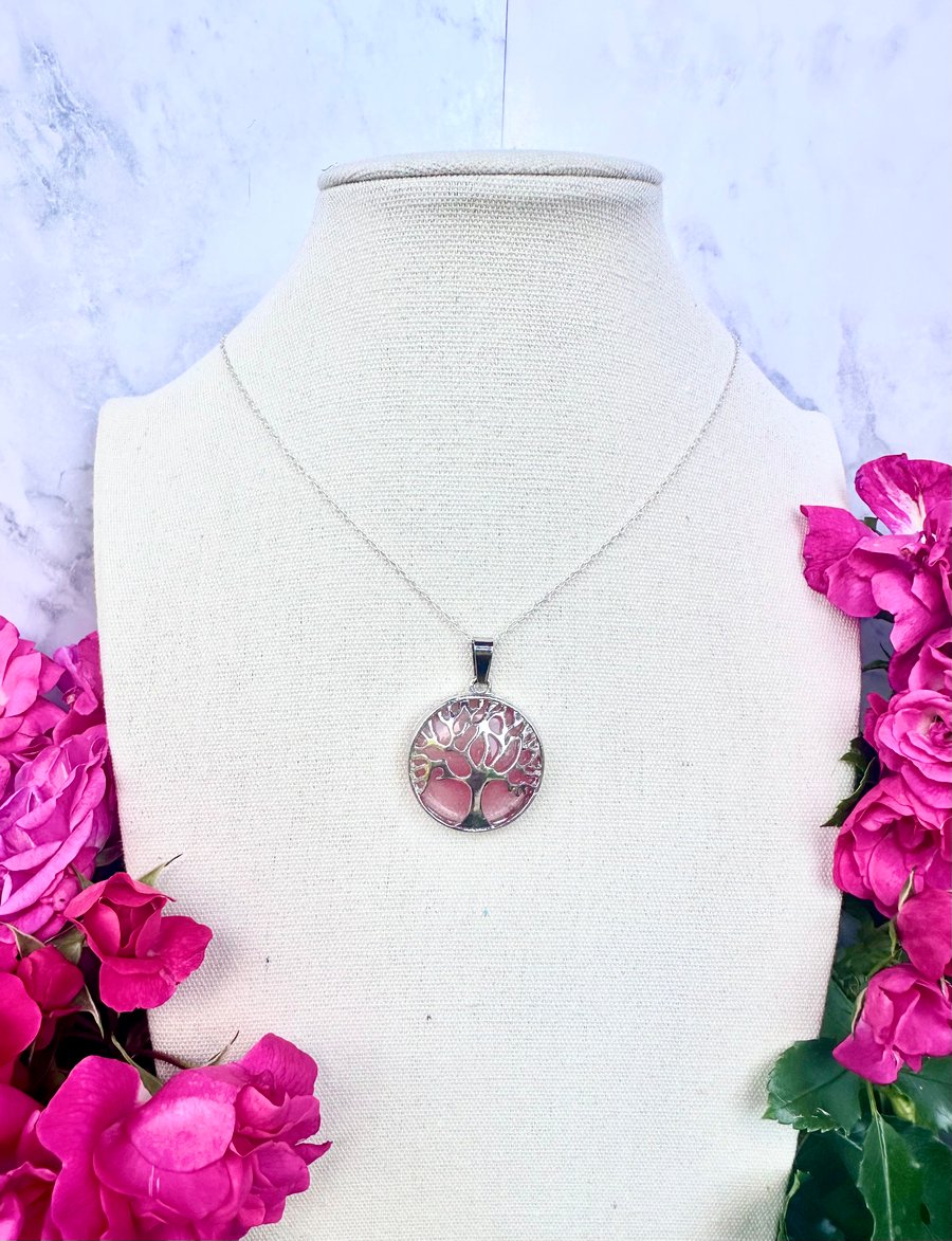 Watermelon Quartz Tree of Life Pendant Necklace 