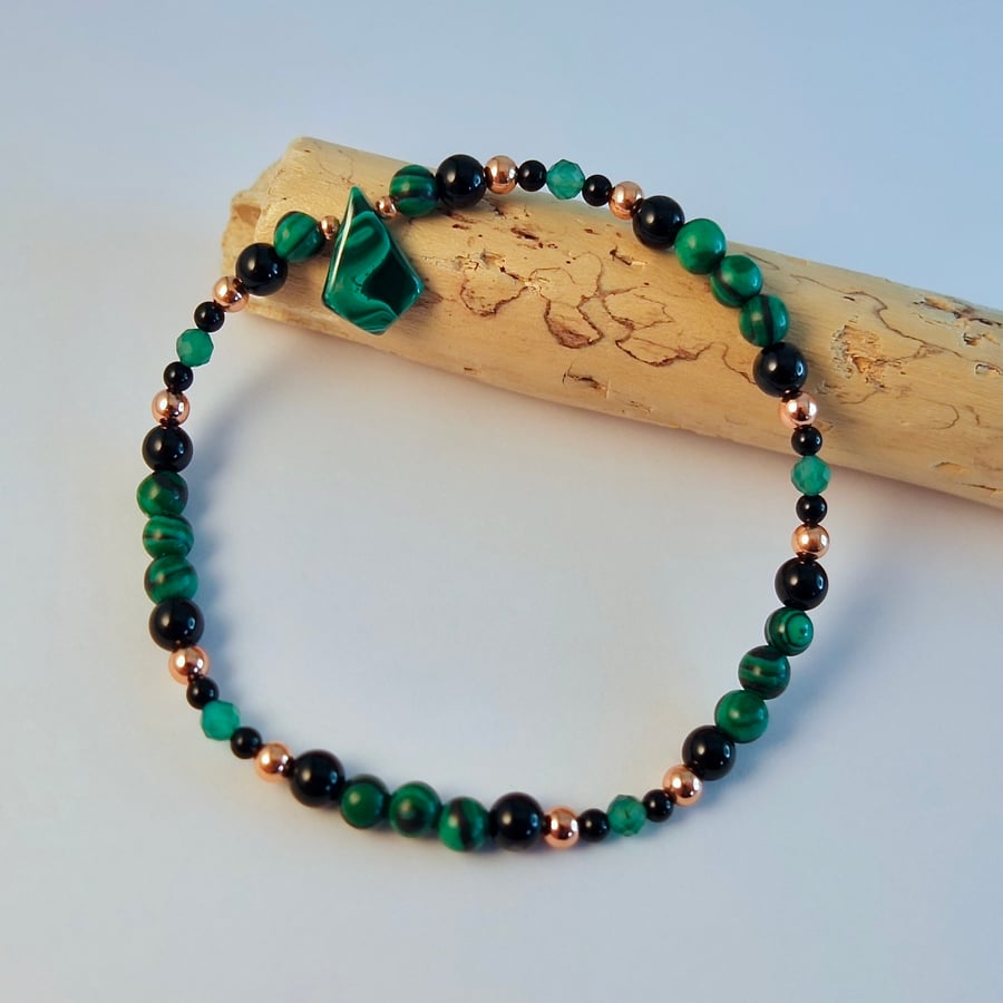 Malachite, Onyx & Copper Bracelet, Anniversary, Birthday, Gifts For Her