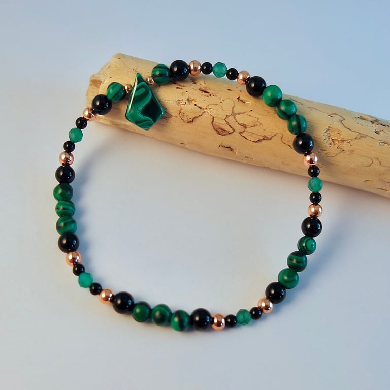 Malachite, Onyx & Copper Bracelet, Anniversary, Birthday, Gifts For Her