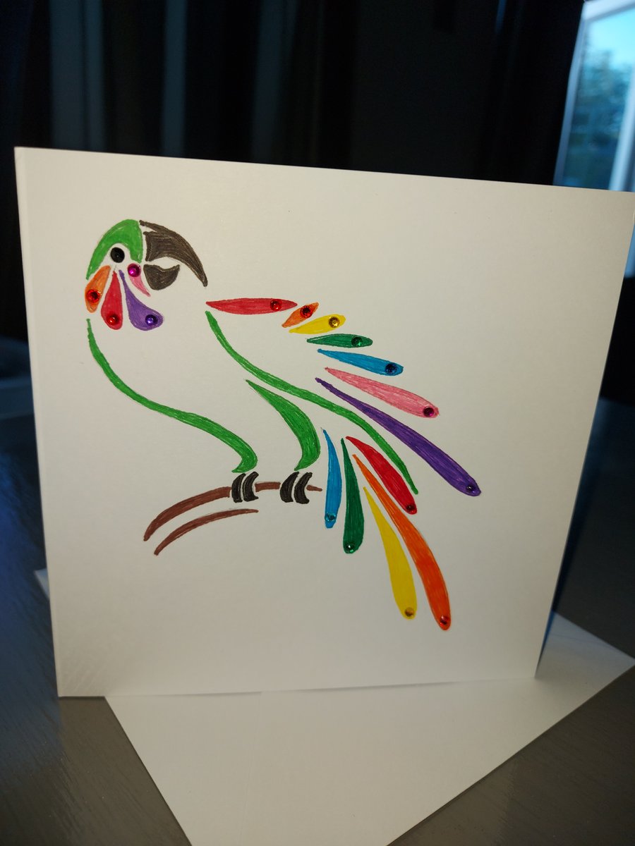 RAINBOW PARROT BLANK CARD, hand sparkled, hand made, rainbow, parrot
