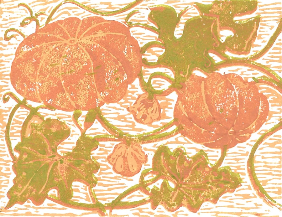 Autumn Pumpkins and Squash - Original Hand Pressed Linocut Print Ltd Edition