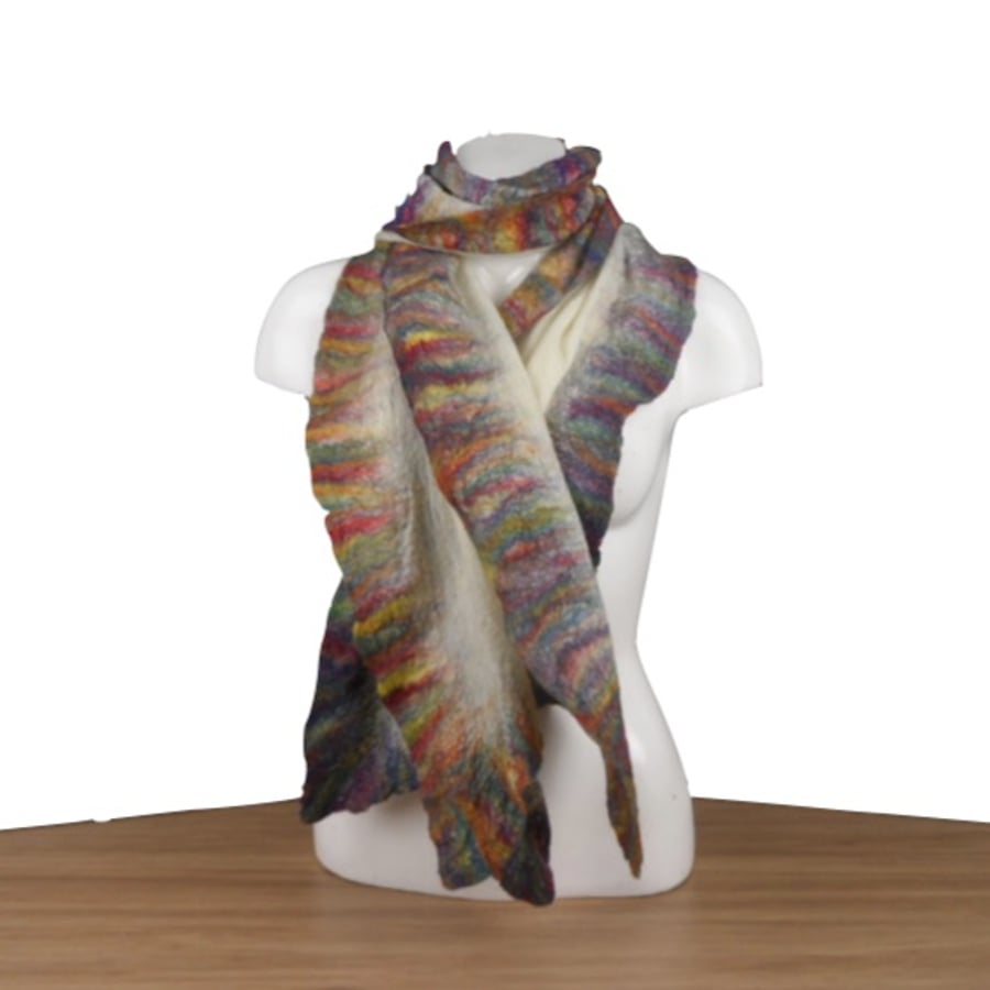 Long nuno felted scarf, white with rainbow ruffled border, gift boxed