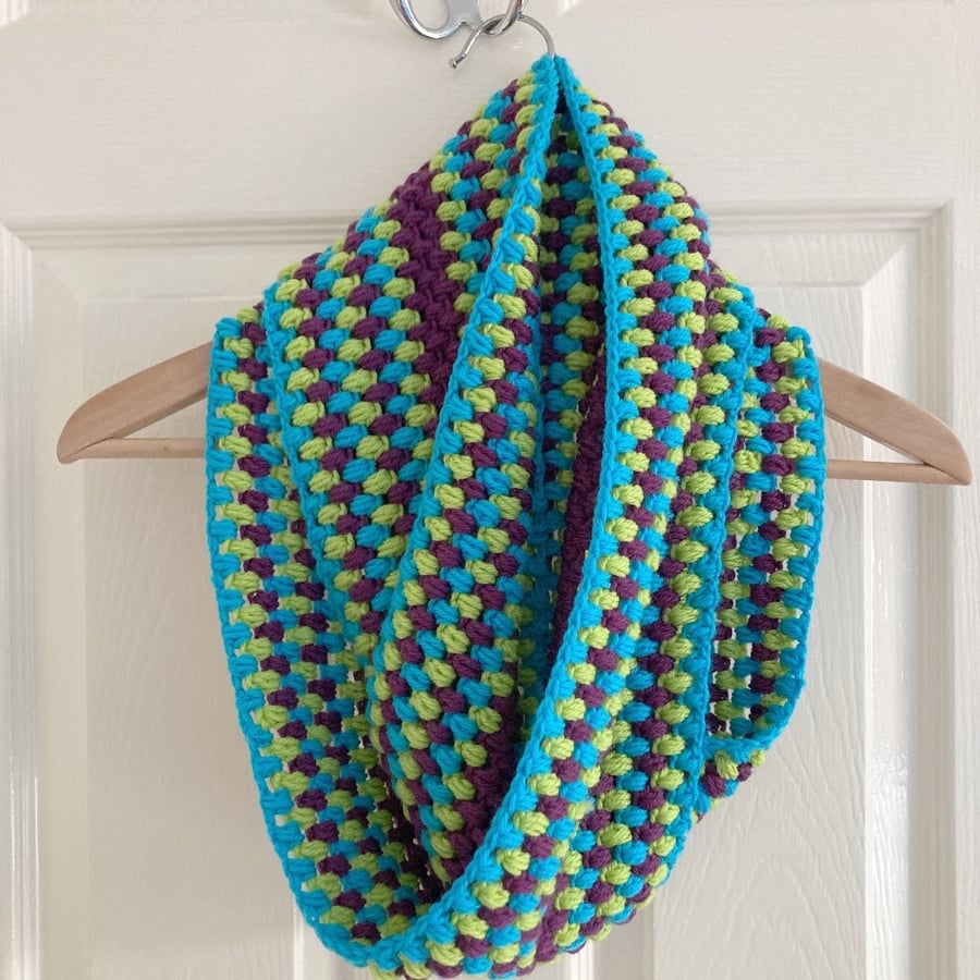 The Puff Stitch Infinity Scarf - Merino Wool - Lime Green, Purple & Turquoise