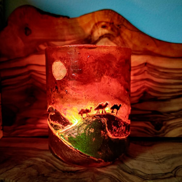 Handmade glass painted candleholder with golden desert dunes at sunset