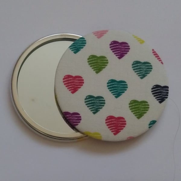 Multicoloured Heart Design Fabric Backed Pocket Mirror