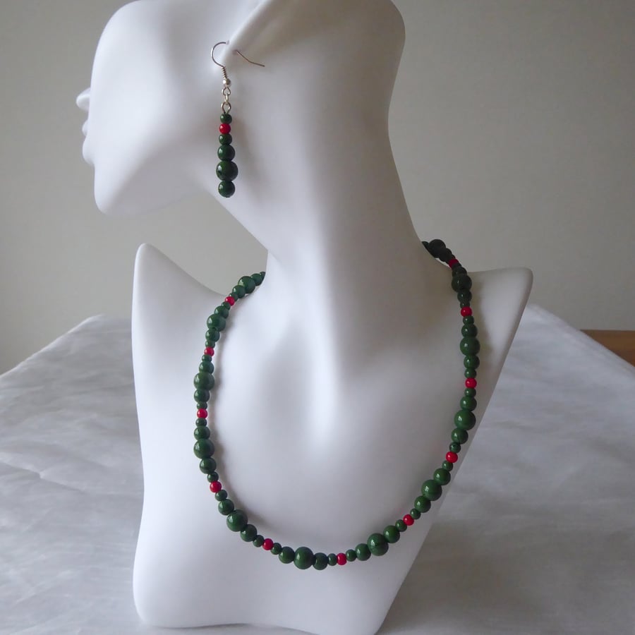 Beaded Green and Red Necklace 19 inches long, Inspired by Holly