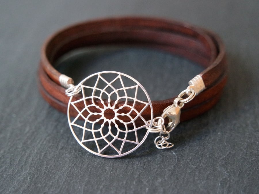 Sterling Silver Dreamcatcher Mandala Leather Wrap Bracelet 