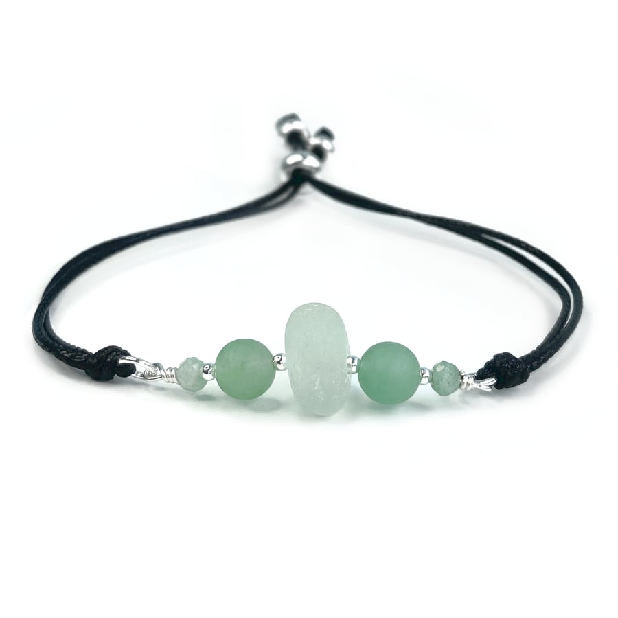 Sea Glass Bracelet. Sterling Silver & Green Aventurine Beads on Black Cord 