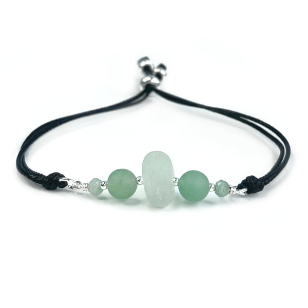 Sea Glass Bracelet. Sterling Silver & Green Aventurine Beads on Black Cord 