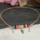 Adjustable cotton cord anklet with rainbow howlite beads and feather charm