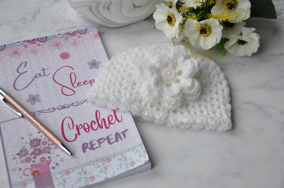 0-3 Months Hand Crochet Baby Beanie Hat Crocheted White Flower Button Girl Boy