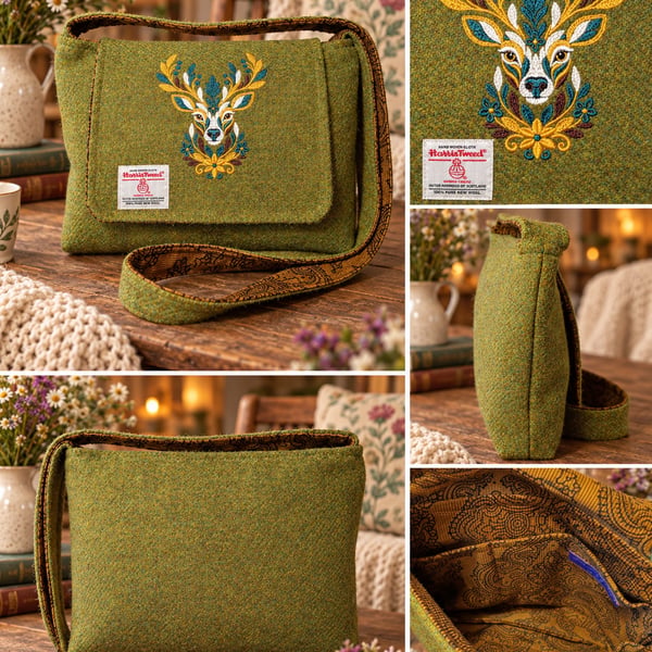 Harris Tweed Crossbody Bag with embroidered stag