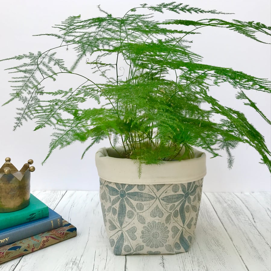 Hand Printed Linen Storage Basket, Storage Pot, Plant Pot - Duck Egg Blue 