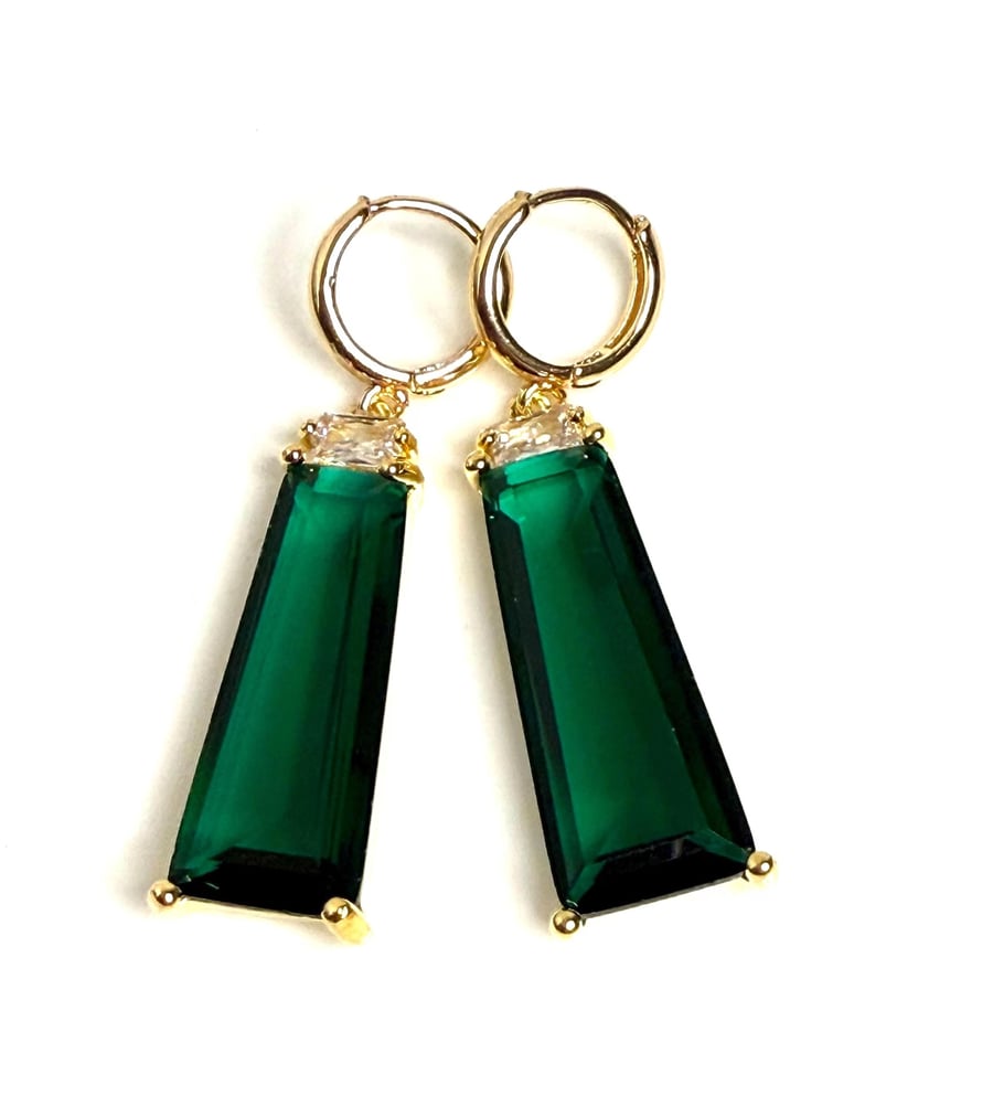 Long Emerald Green Crystal Earrings, Gold Dangles