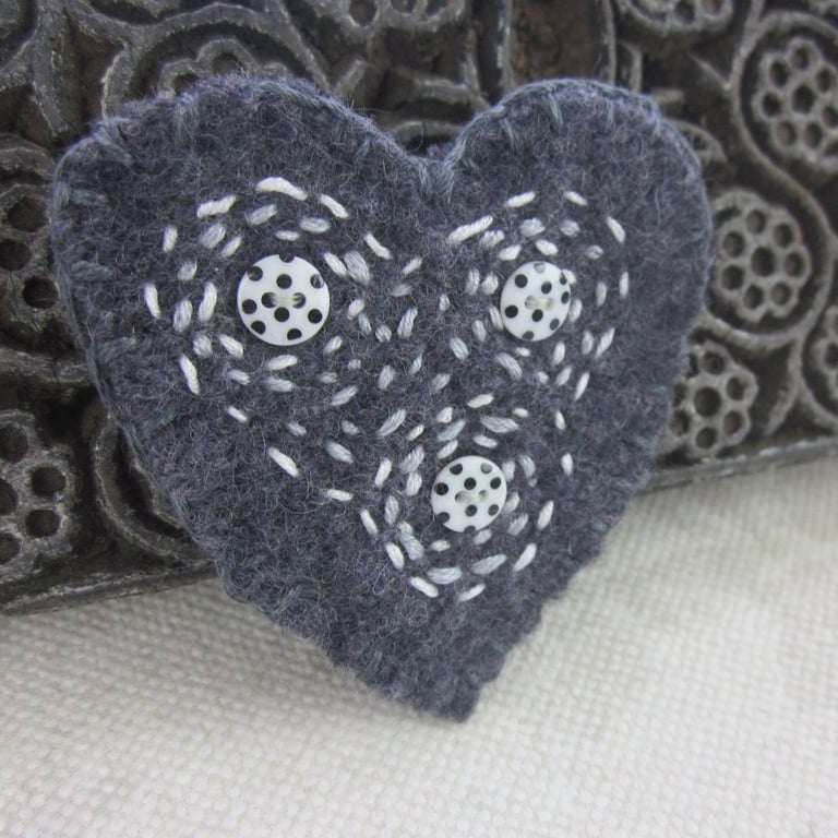 Dark Grey Embroidered Heart Shaped Felt Brooch