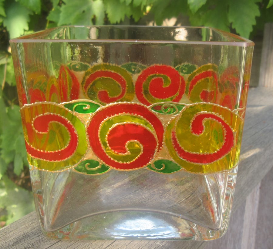 Cubiod Glass Vase with hand painted Celtic Spiral border in yellow, red & green