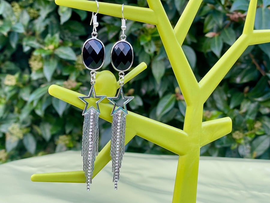 STAR CRYSTAL EARRINGS fringe tassel black silver
