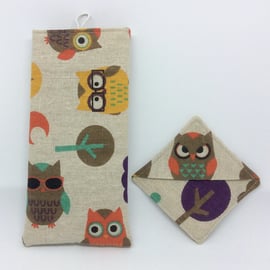 Beautiful bundle, Glasses case and matching bookmark , owls, hearts