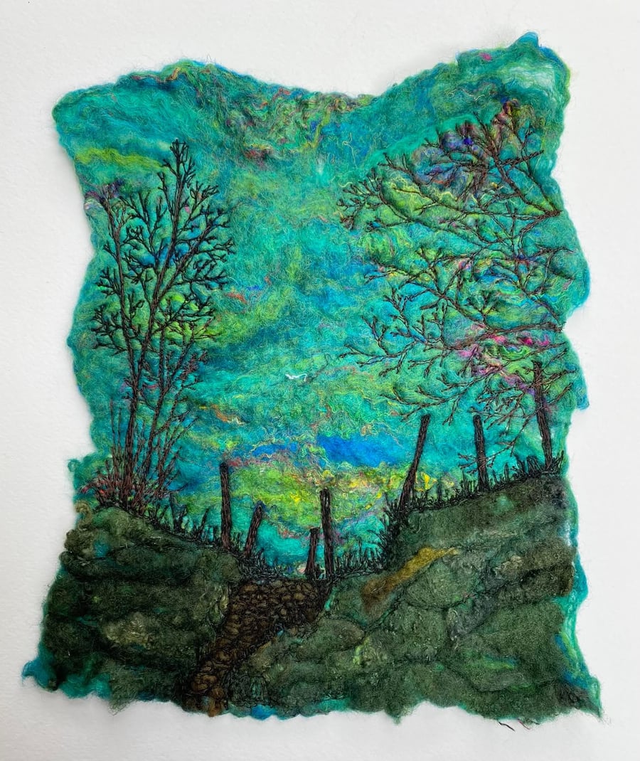 Mounted embroidered dawn landscape with trees artwork, wall art. 