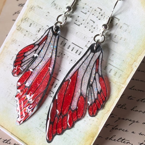 Red Double Fairy Wing Earrings Sterling Silver