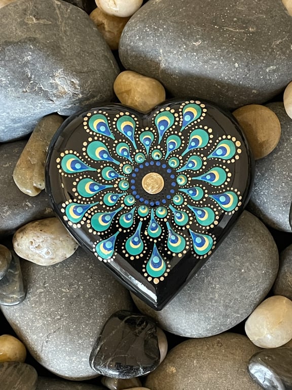 Green & Blue Peacock Feather Heart Mandala Dot Art Stone Hand Painted Unique