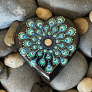 Green & Blue Peacock Feather Heart Mandala Dot Art Stone Hand Painted Unique
