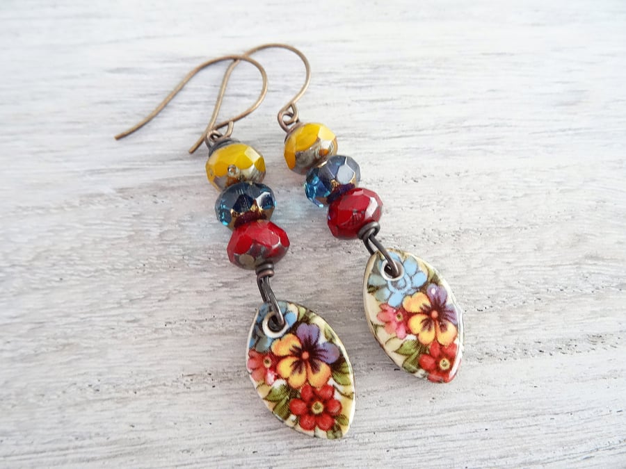 Ceramic Earrings, Czech Glass Earrings, Floral Earrings, Boho Earrings.