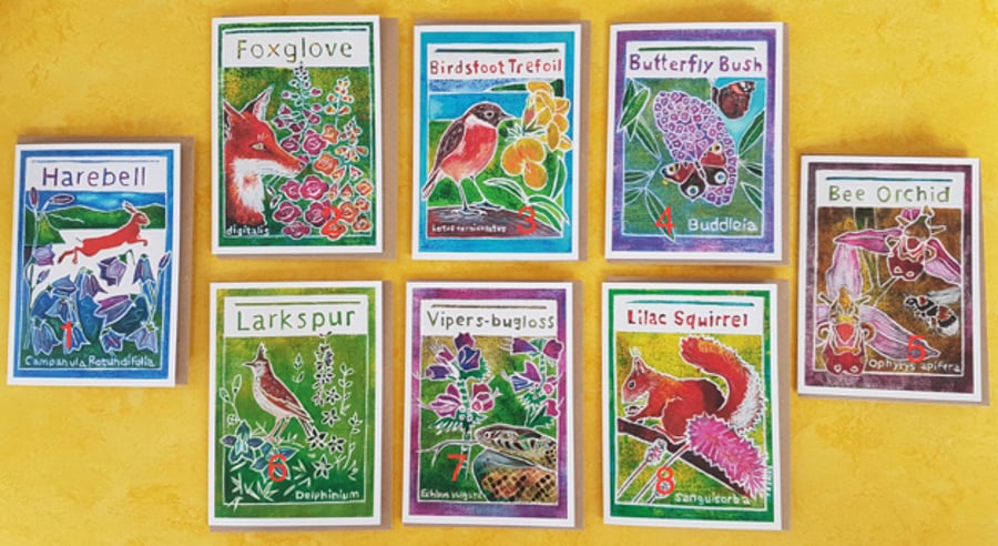 Pack of 5 Flora and Fauna Greetings Cards - nature themed on recycled card