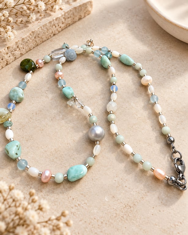 Handmade Larimar, Aquamarine & Pearl Choker – Natural Gemstone Necklace