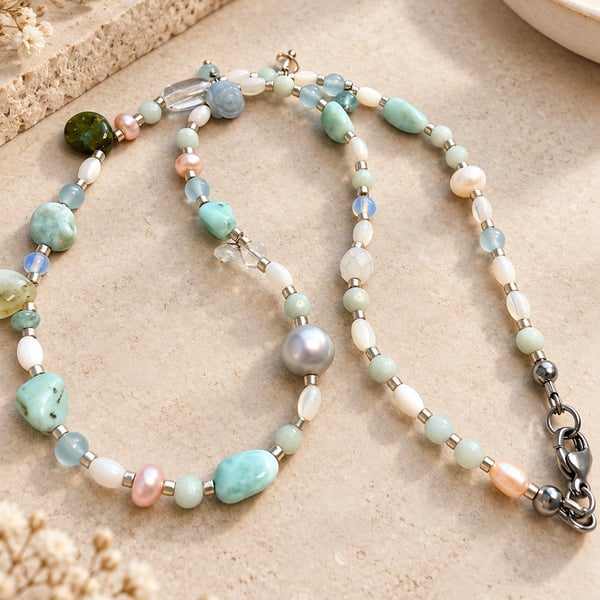 Handmade Larimar, Aquamarine & Pearl Choker – Natural Gemstone Necklace