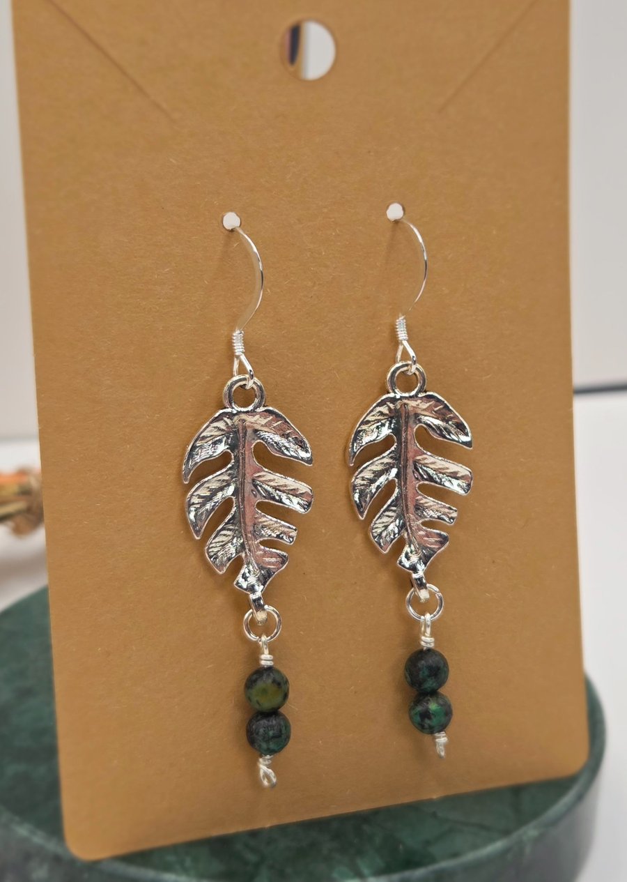 Sterling Silver Leaf Charm Earrings, with Dainty African Turquoise Beads