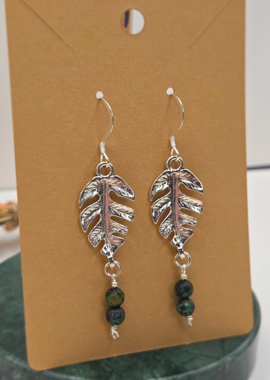 Sterling Silver Leaf Charm Earrings, with Dainty African Turquoise Beads