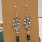 Sterling Silver Leaf Charm Earrings, with Dainty African Turquoise Beads