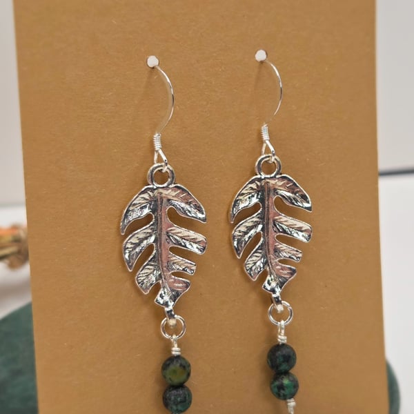 Sterling Silver Leaf Charm Earrings, with Dainty African Turquoise Beads