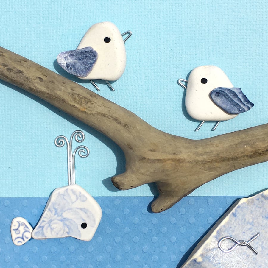 Seagull & Whale Pebble Art Original Framed Picture. Scottish Driftwood & Pottery