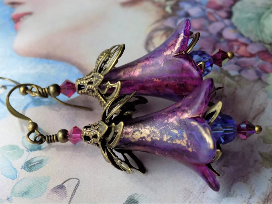 Plum and Gold "Come into the Garden Maud" Hand Painted Lucite Flower Earrings