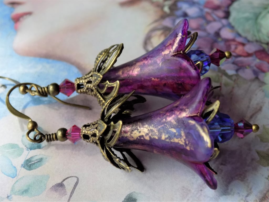 Plum and Gold "Come into the Garden Maud" Hand Painted Lucite Flower Earrings
